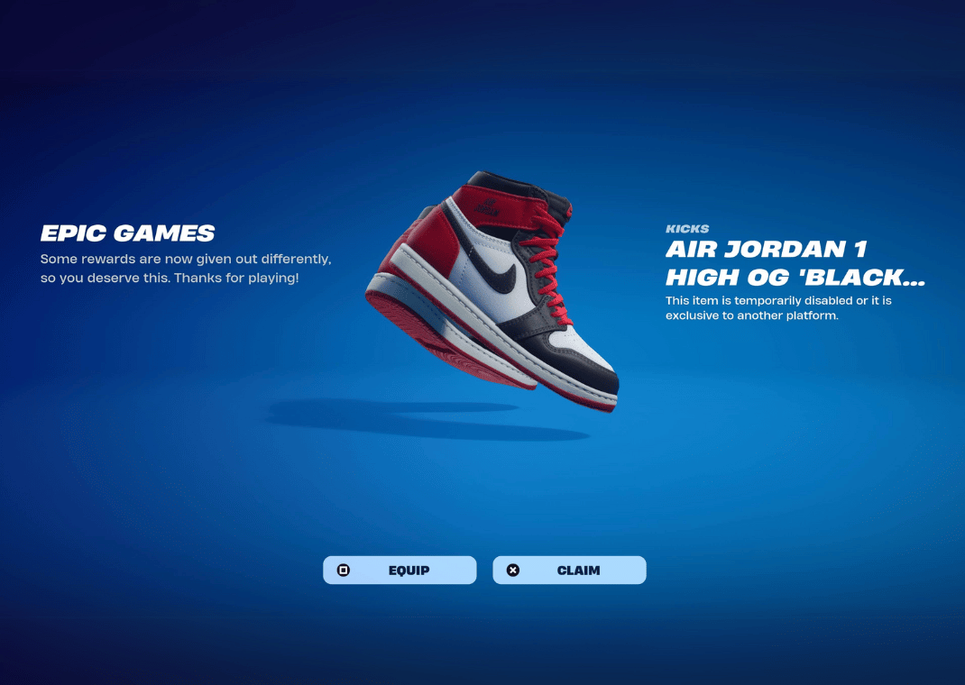 The Air Jordan 1 High OG Black Toe Reimagined is given to all players who log in to Fortnite