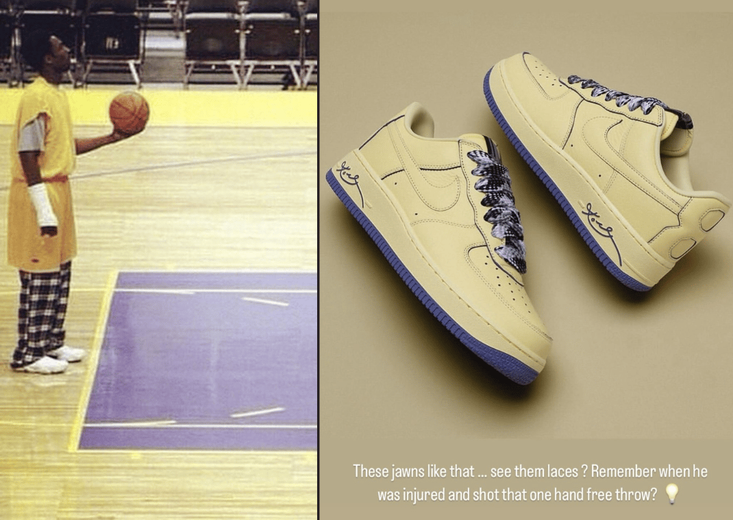 Jordan Brand Designer, Frank Cooke, shared that the Kobe yellow Air Force 1 is inspired by his practice outfit when Kobe practiced with broken right hand