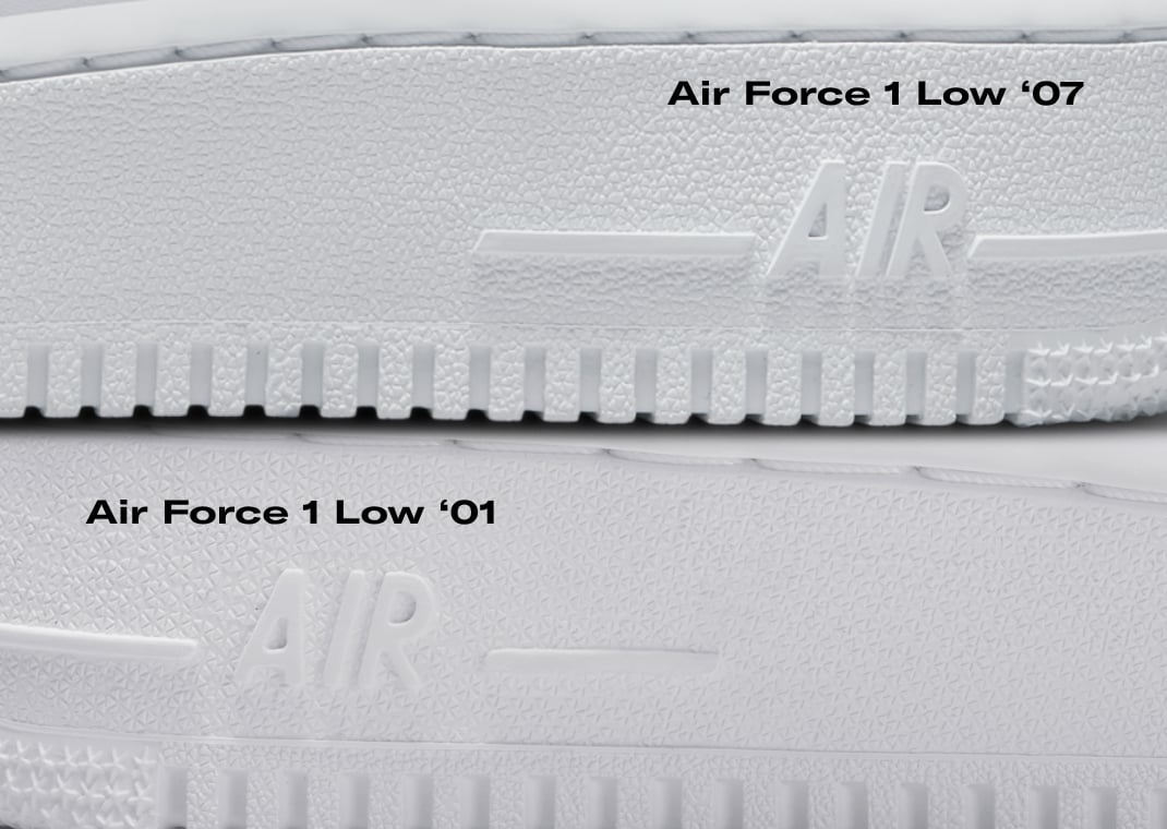 Nike Air Force 1 Low '07 (top) vs. Nike Air Force 1 Low '01 (bottom)