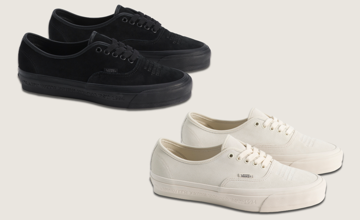 NEIGHBORHOOD x Vans Authentic Pack in white and black suede with co-branded embossed detailing on midsole and toecap