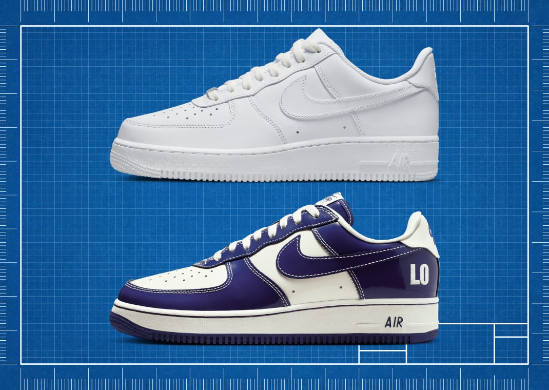 Nike Air Force 1 Low '07 White (top) vs. NIGO x Nike Air Force 1 Low '01 Last Orgy 2 (bottom)