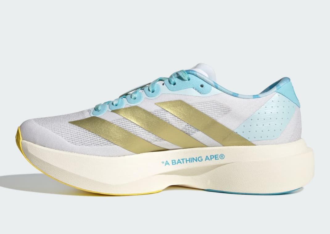 BAPE x adidas Adizero EVO SL blue right shoe lateral view showing BAPE Shooting Star logo and camo lace detail
