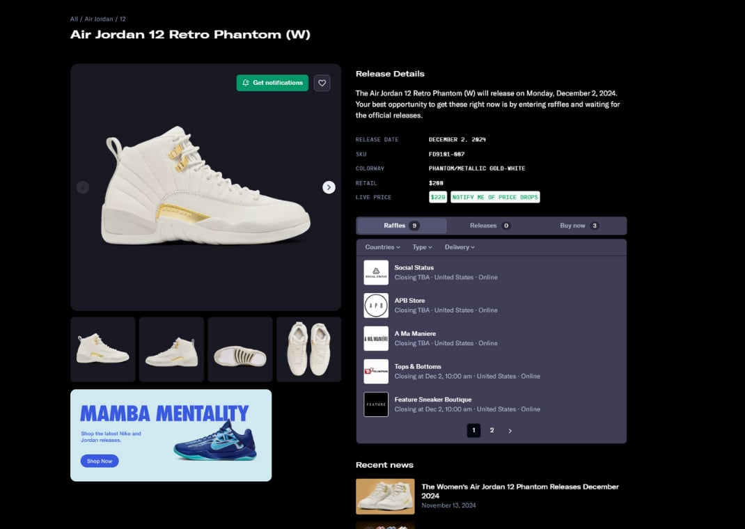 Air Jordan 12 Phantom Raffle Page