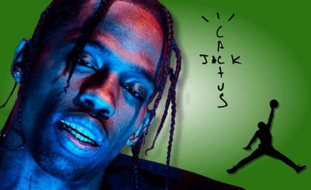 Graphic Showcasing Travis Scott and logos for Cactus Jack and Jordan Brand