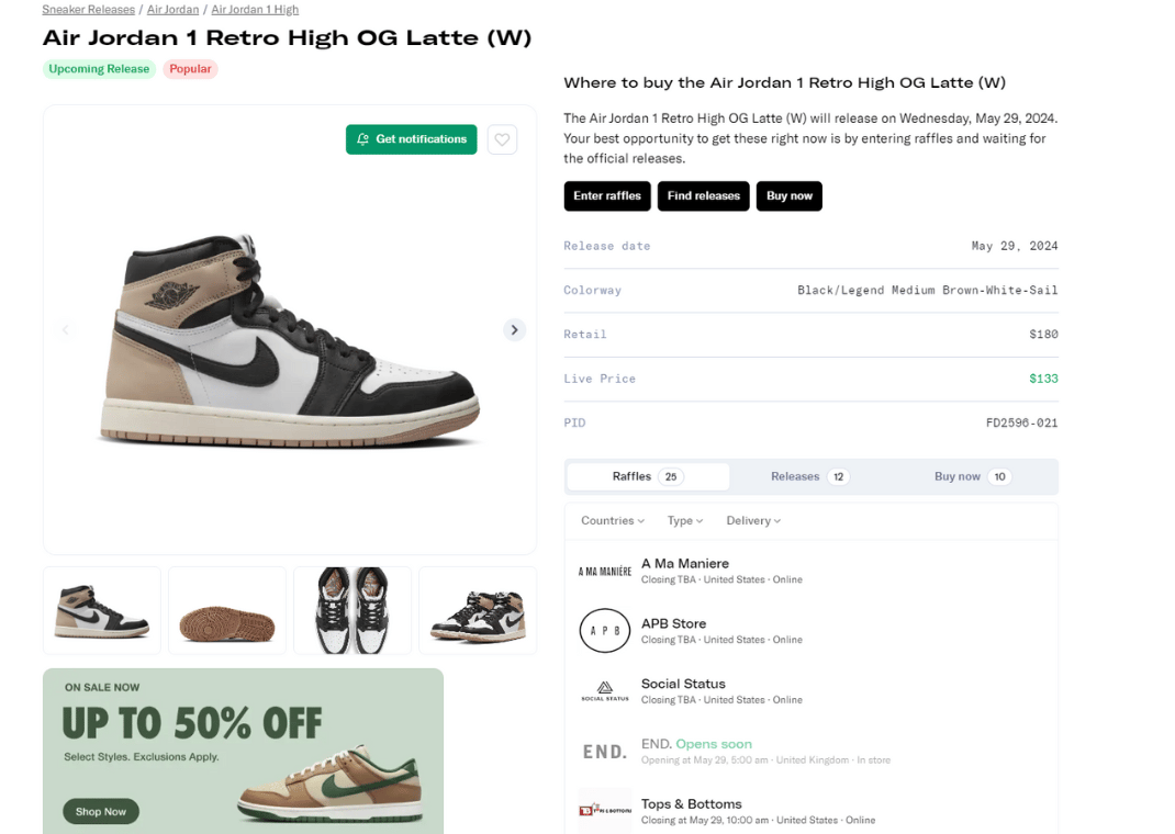 Women's Air Jordan 1 High OG Latte Raffle Page