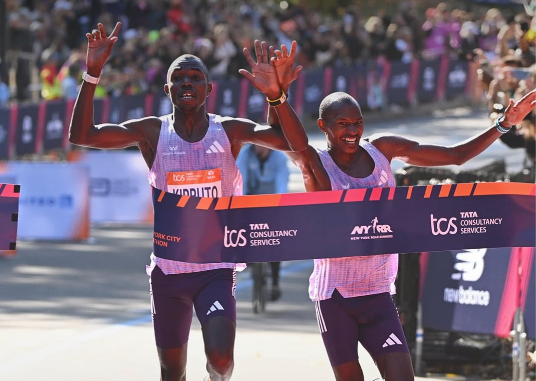 Benson Kipruto and Alexander Munyao. Crossing finish line of NYC Marathon At Same Time