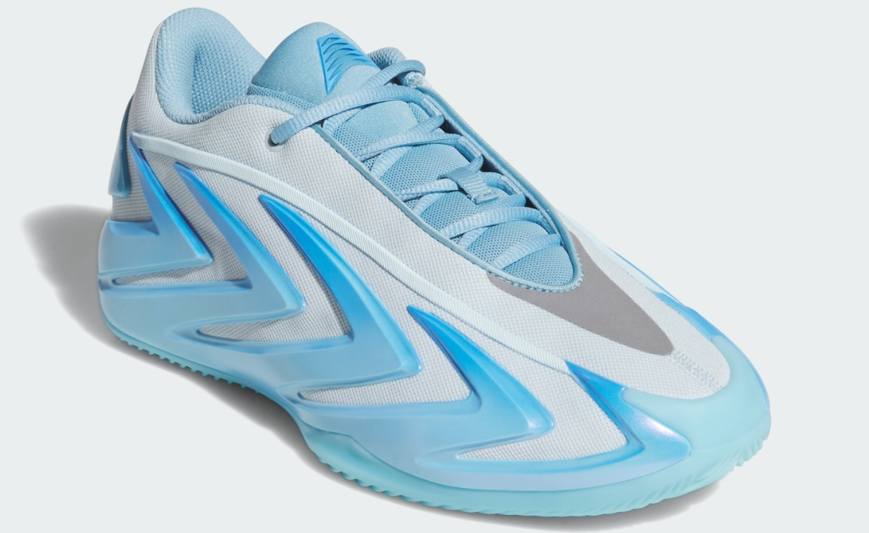 adidas AE 3 Bliss Blue low-top basketball shoe with light blue upper, icy blue accents, and TPU arrow cage support, multiple angles