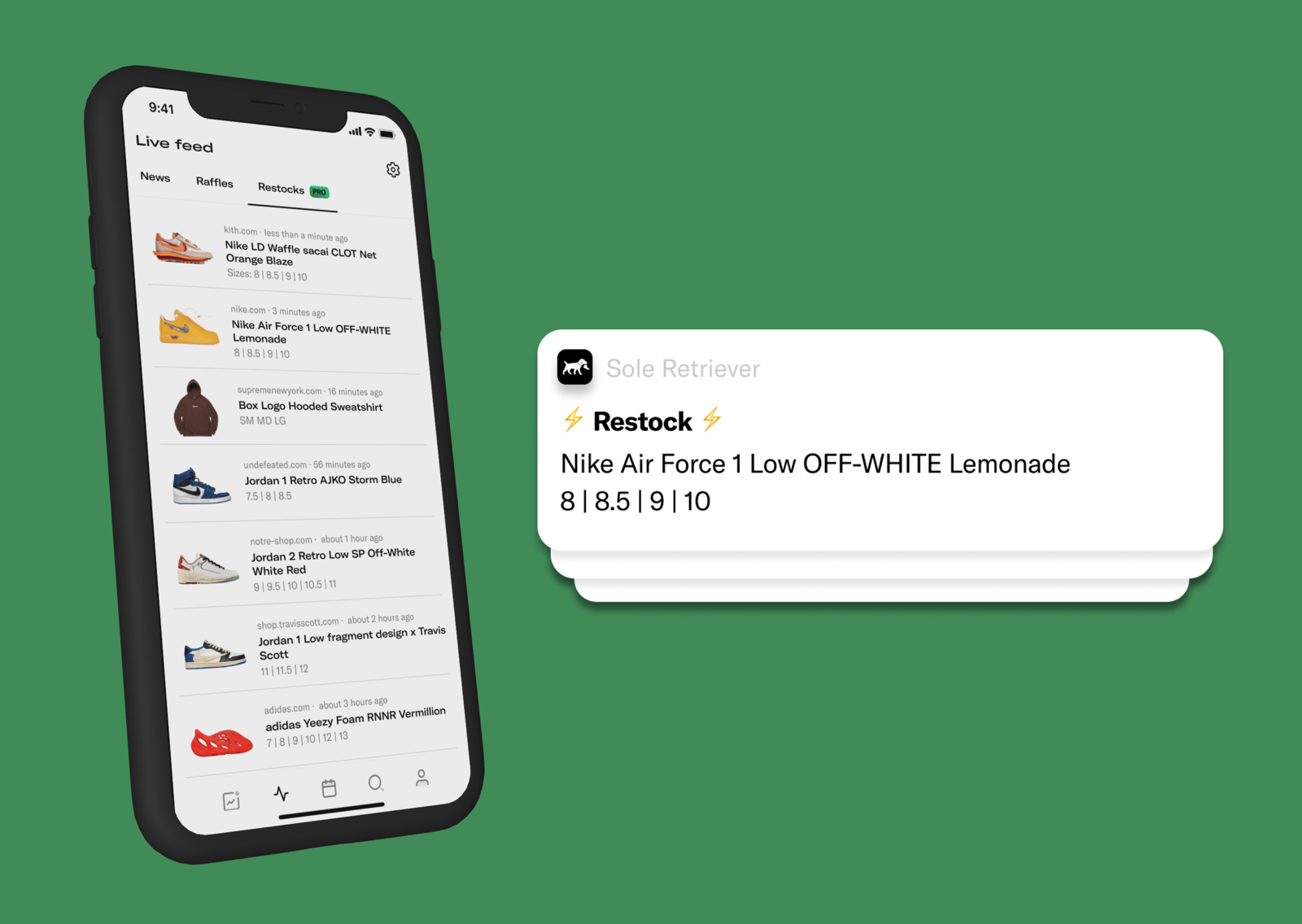 Screenshot of the Restocks feature on the Sole Retriever App.