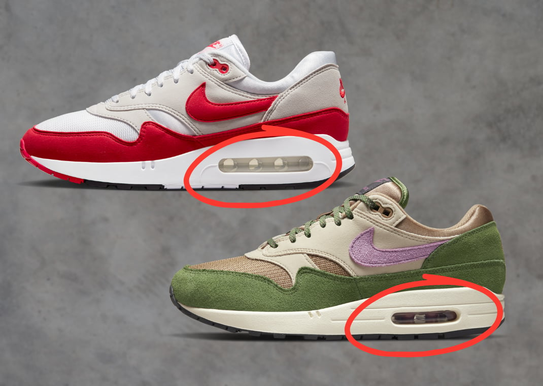 Nike Air Max 1 '86 OG Sport Red (top) with the four-pillar "big bubble" vs. Nike Air Max 1 '87 Treeline (bottom) with three-pillar Air unit