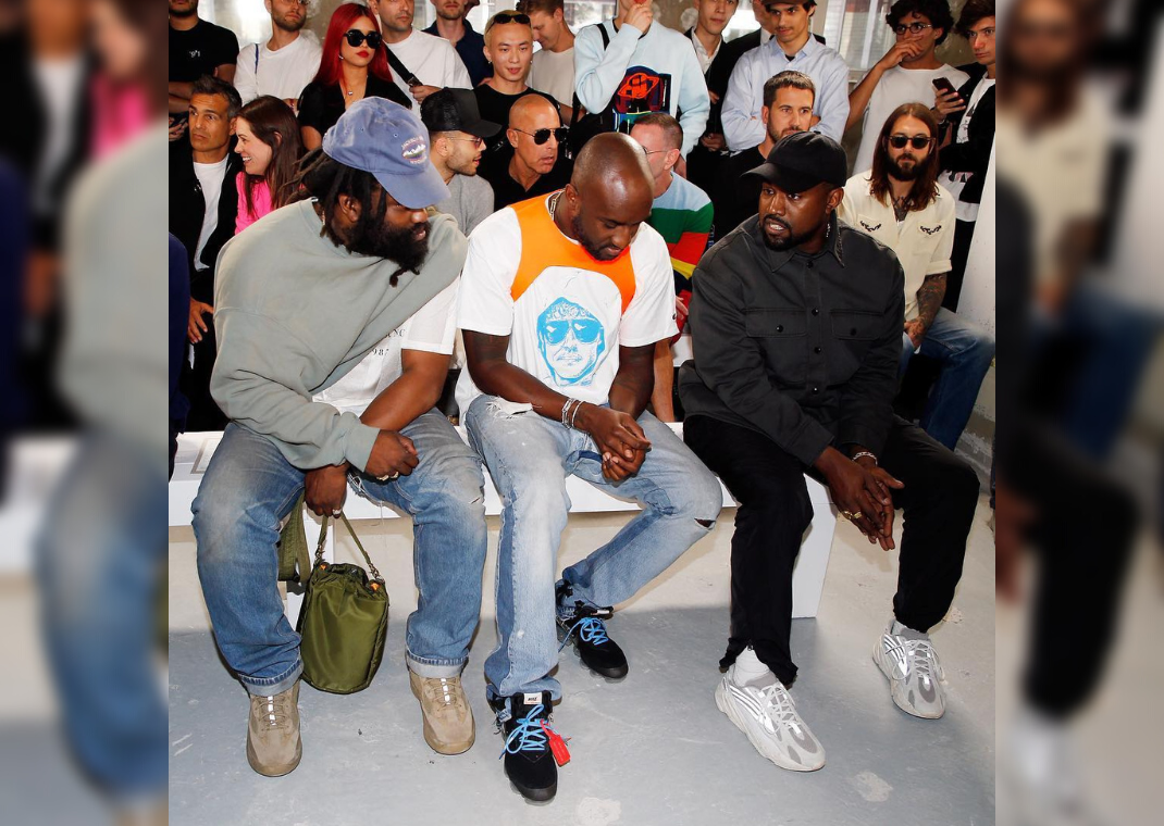 Tremaine Emory (left), Virgil Abloh (center), and Ye (right) At The 1017 Alyx 9SM Fashion Show In Paris (2018; Image via 