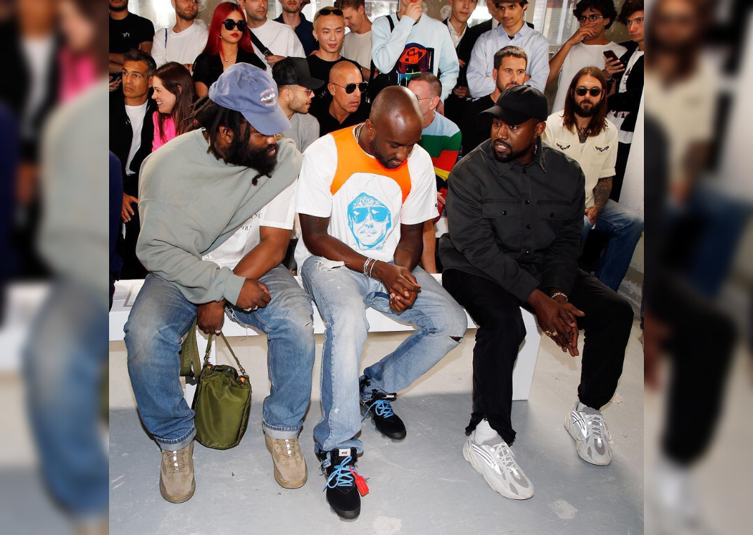 Tremaine Emory (left), Virgil Abloh (center), and Ye (right) At The 1017 Alyx 9SM Fashion Show In Paris (2018; Image via