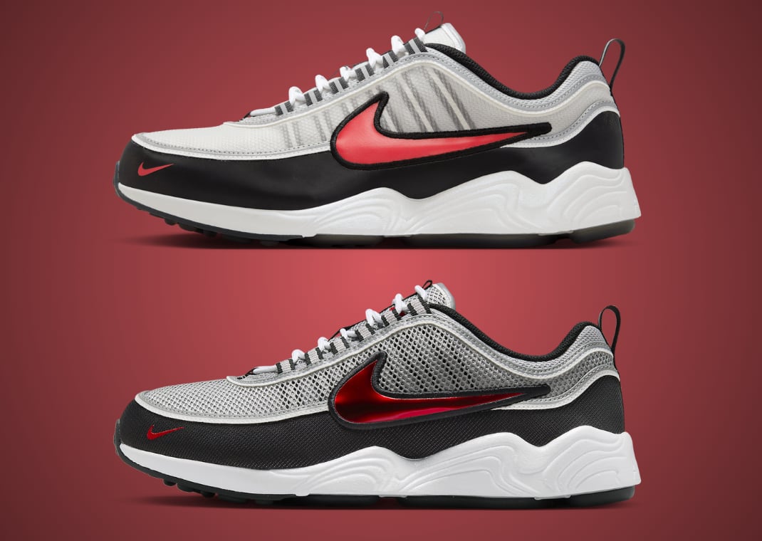 Upcoming Nike Air Zoom Spiridon Metallic Silver Sport Red (top) vs 2024 Retro of the OG Sport Red (bottom)