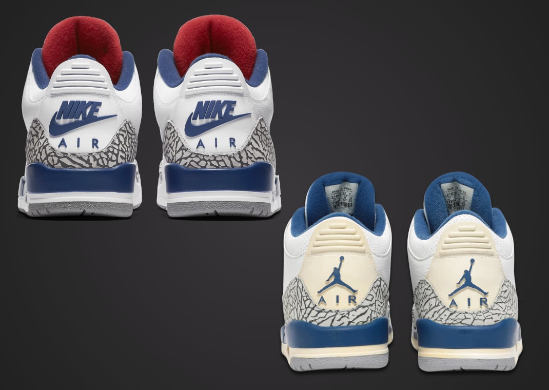 Air Jordan 3 Retro True Blue (2016) with Nike Air branding vs. Air Jordan 3 Retro True Blue (2001) with Jumpman branding