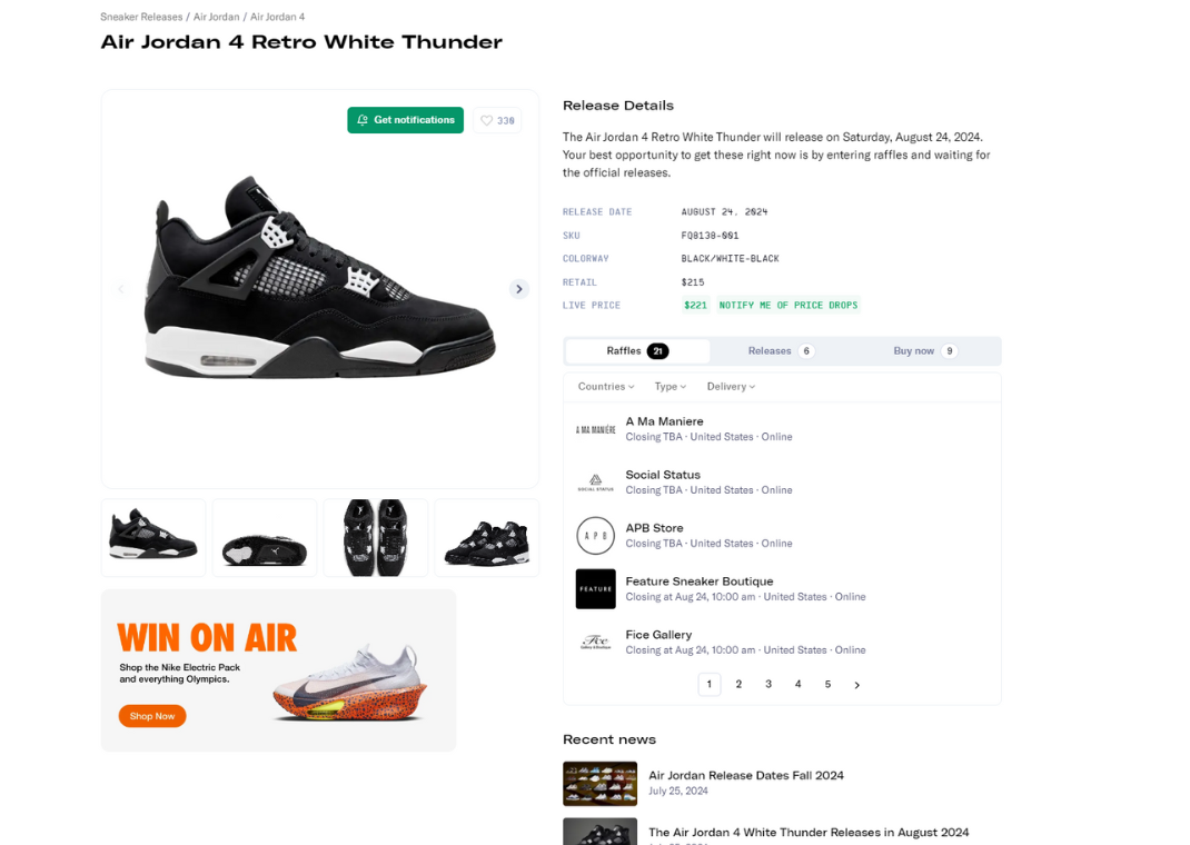 Air Jordan 4 Retro White Thunder Raffle Page