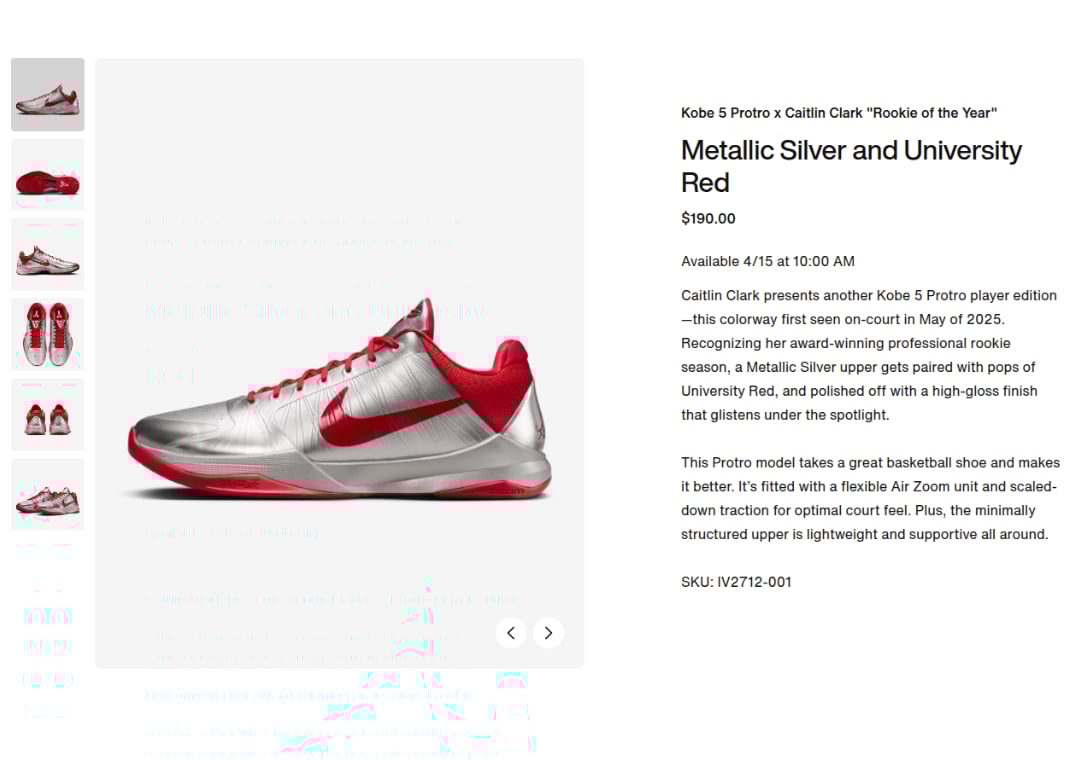 Nike Kobe 5 Protro Caitlin Clark Rookie of the Year PE