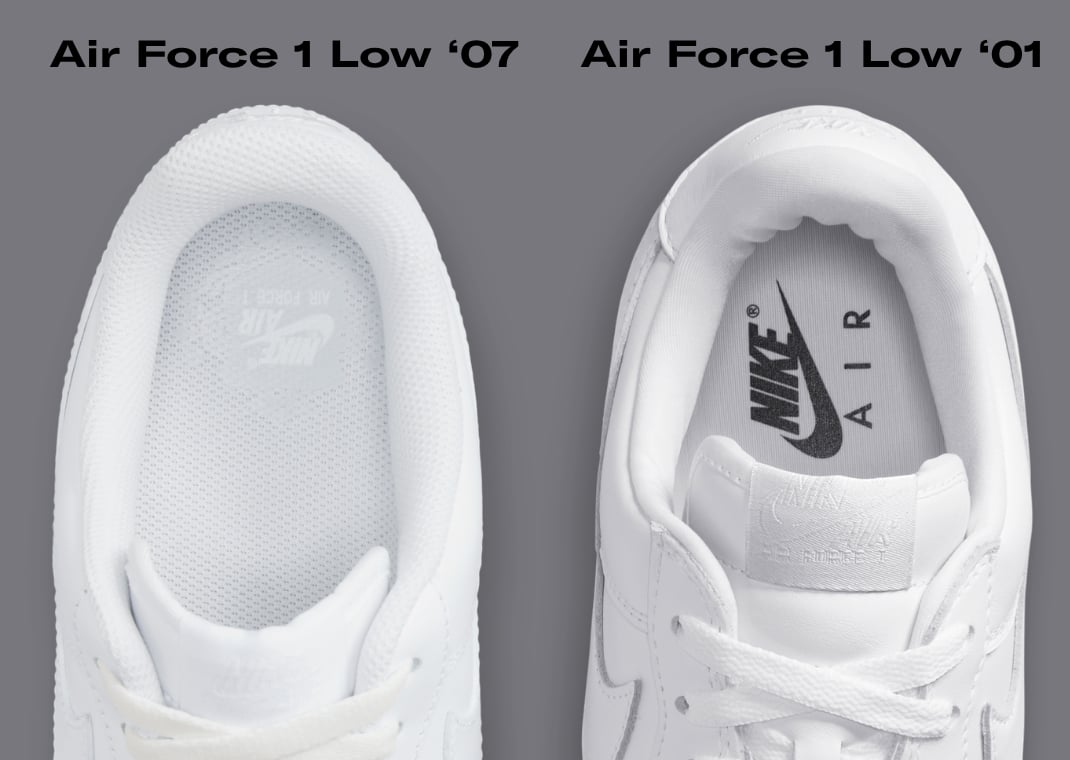 Nike Air Force 1 Low '07 (left) vs. Nike Air Force 1 Low '01 (right)