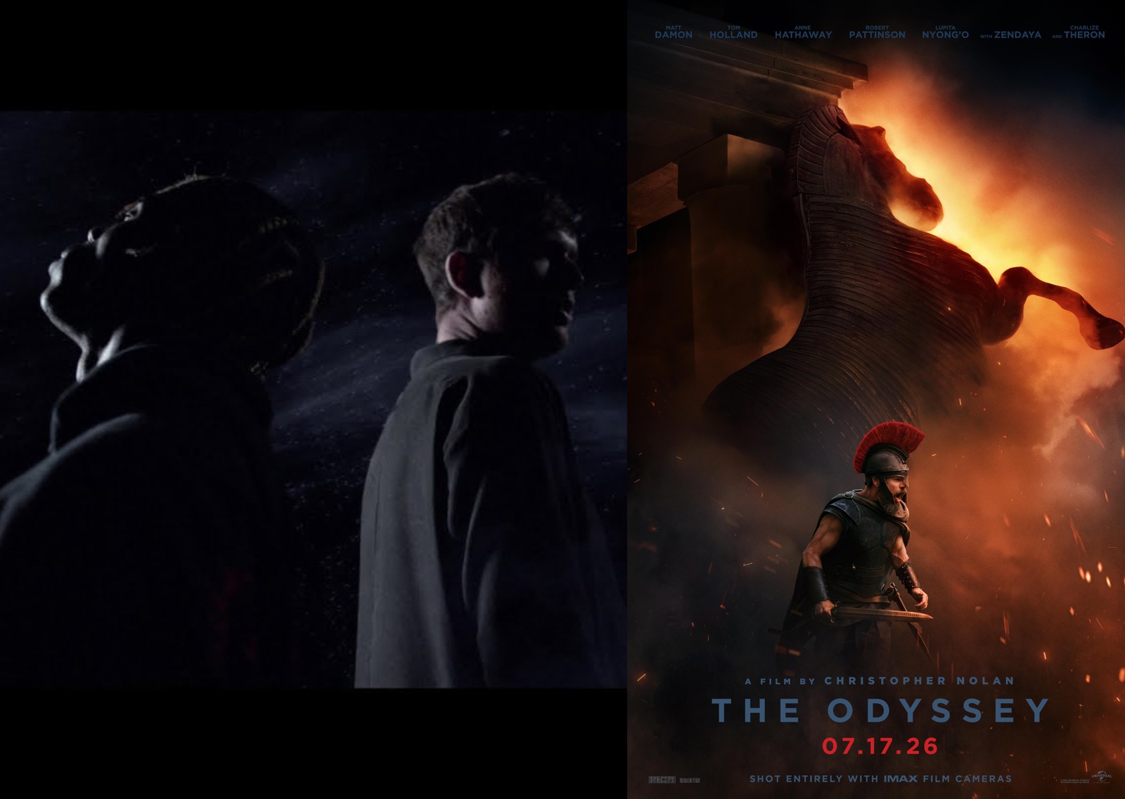 Travis Scott (left) and James Blake (right) in the Mile High music video; The Odyssey film poster