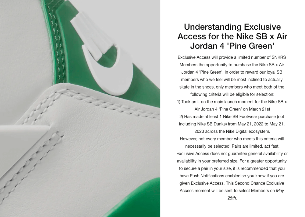 Nike SNKRS Criteria for Jordan 4 x Nike SB Pine Green Exclusive Access
