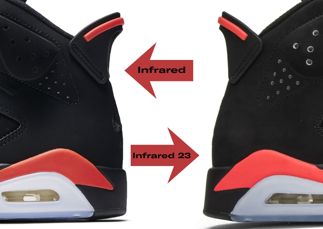 2019 Air Jordan 6 Retro Infrared (left) vs. 2014 Air Jordan 6 Retro Infrared23 (right)