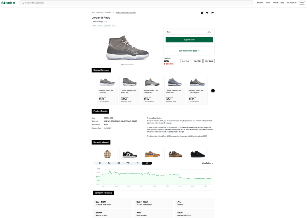 Jordan 11 Cool Grey Product Page On StockX