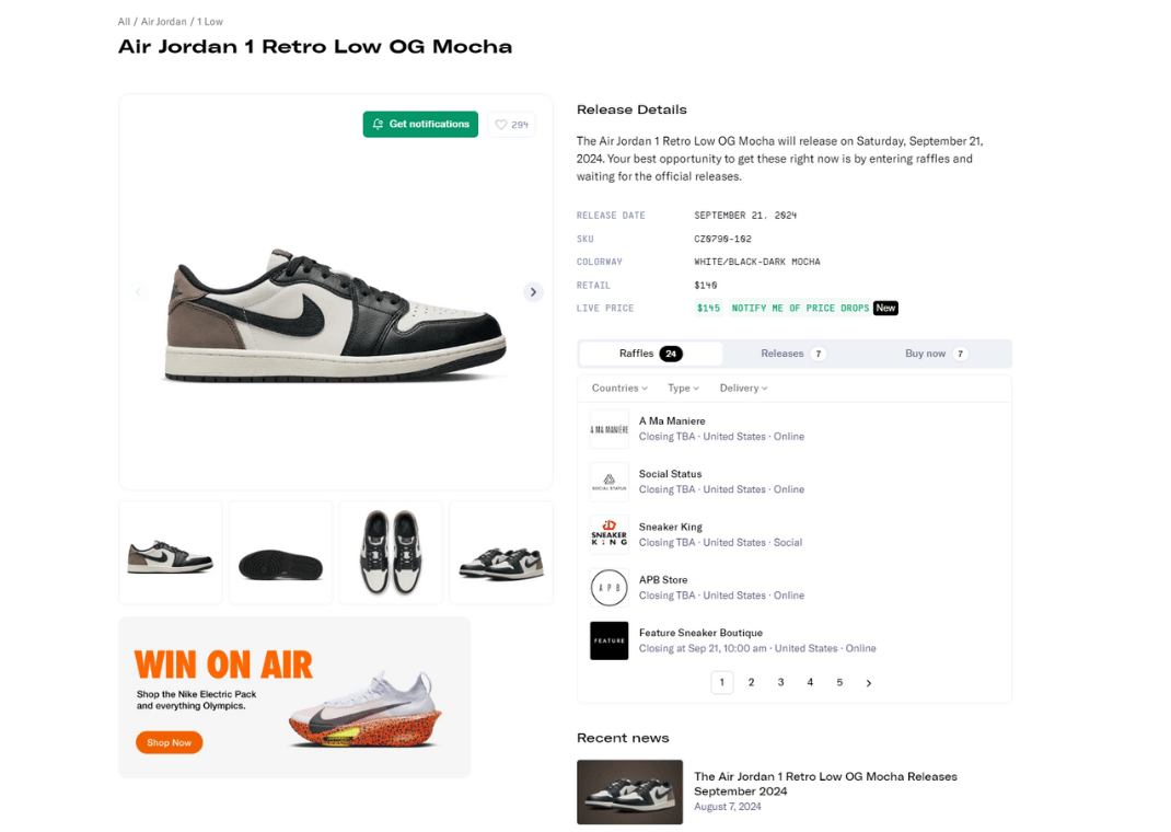 Air Jordan 1 Retro Low OG Mocha Raffle Page