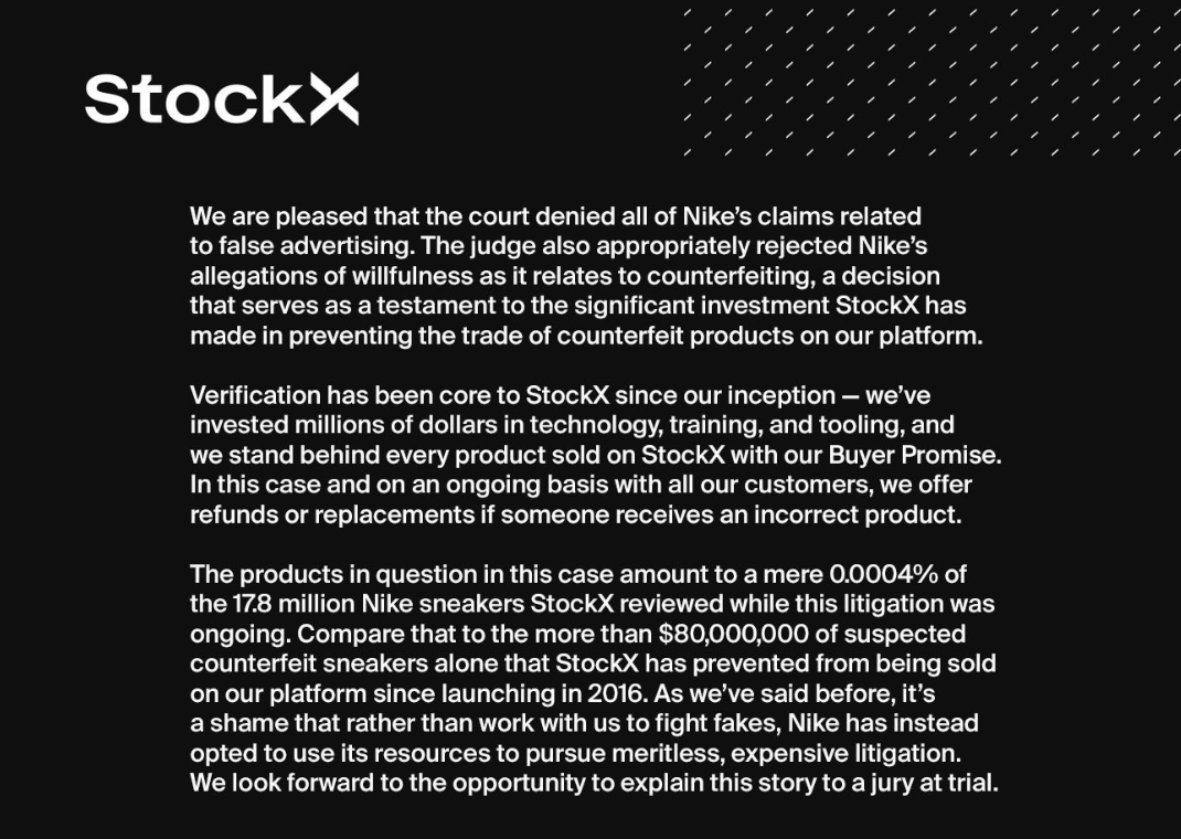 StockX statement on the recent ruling