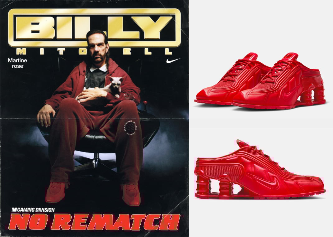 Billy Mitchell for the Martine Rose x Nike Shox MR4 Mule Fire Red