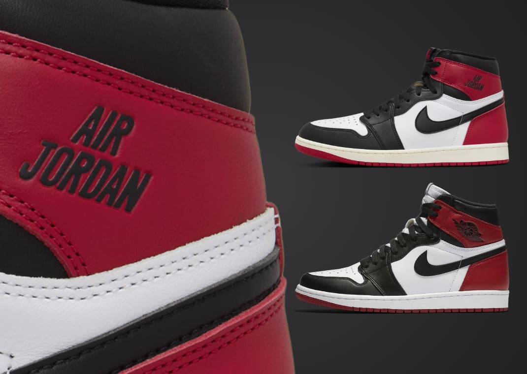 Air Jordan 1 Reimagined Black Toe (2025) (top) vs Air Jordan 1 Black Toe (2016) (bottom)