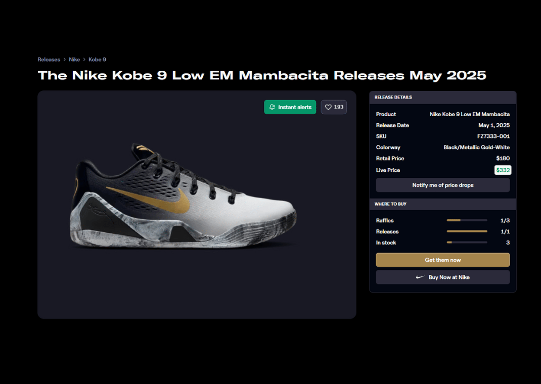 Nike Kobe 9 Low Proto EM Mambacita Raffle Page