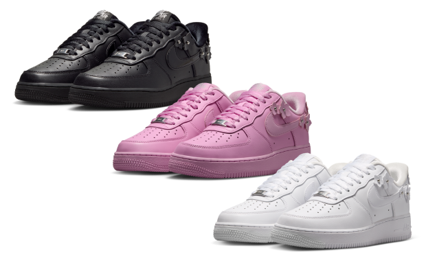 Nike Air Force 1 Low Flower Pack in Black, White, and Pink Rise with velvet sockliners and leather floral details