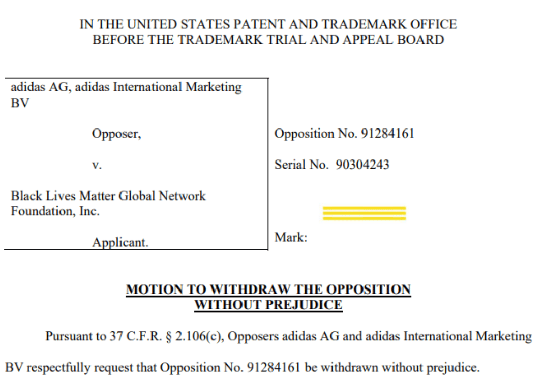 Document From The USPTO Showcasing adidas Withdrew Its Opposition Against BLM's Proposed Trademark