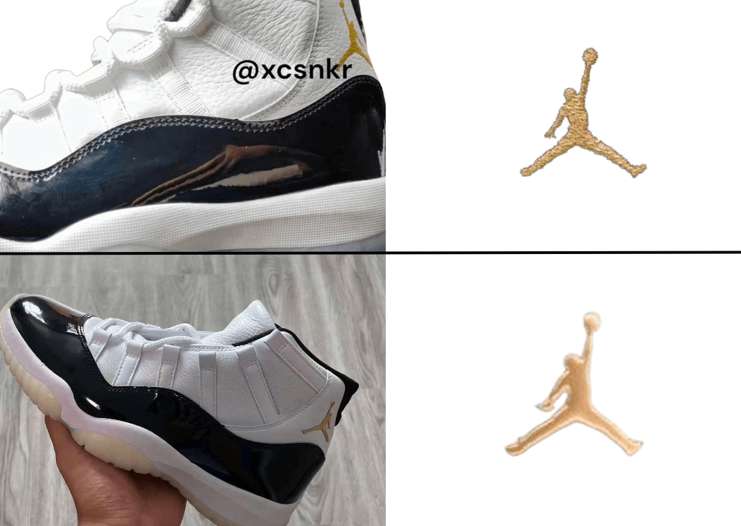 Air Jordan 11 Gratitude Gold Badge vs Gold Embroidery 