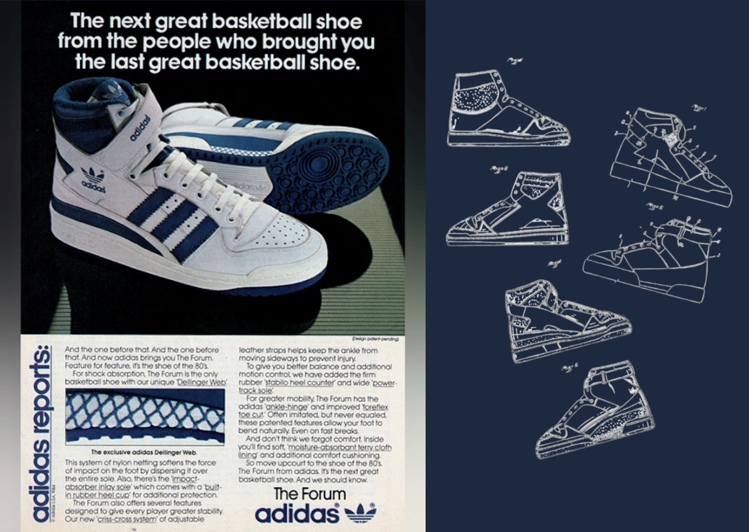 Vintage Advertisement For The adidas Forum (left) And Original Sketches For The Model (right) [Images via