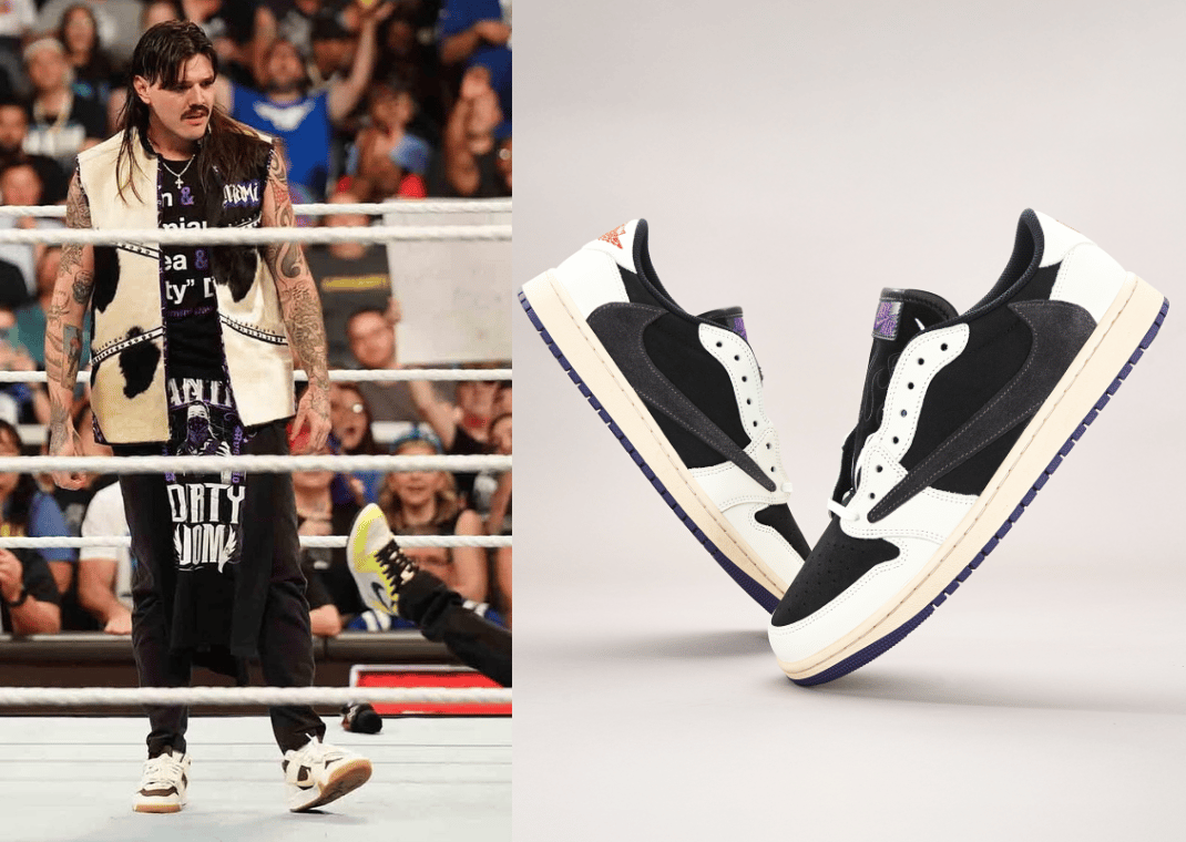 "Dirty" Dominik Mysterio wearing Travis Scott's Jordan Jumpman Jack (left) and his custom Travis Scott Jordan 1 Lows by Vicky Almighty (right)
