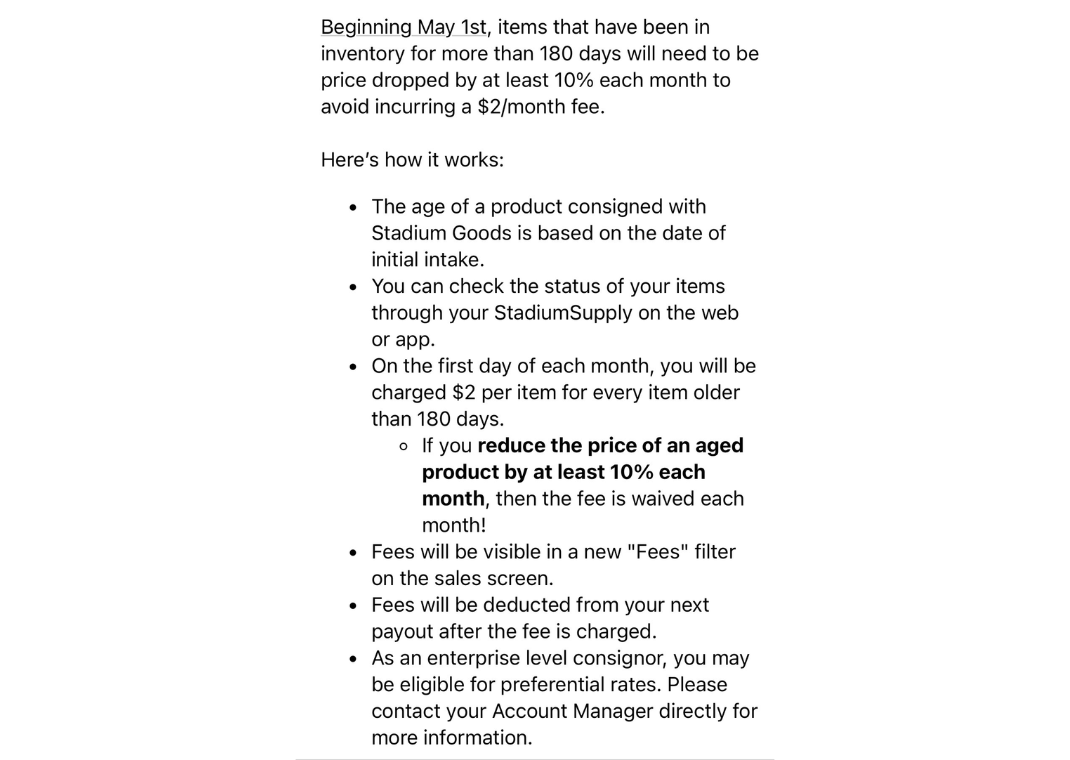 Stadium Goods New Aged Inventory Fee (image via