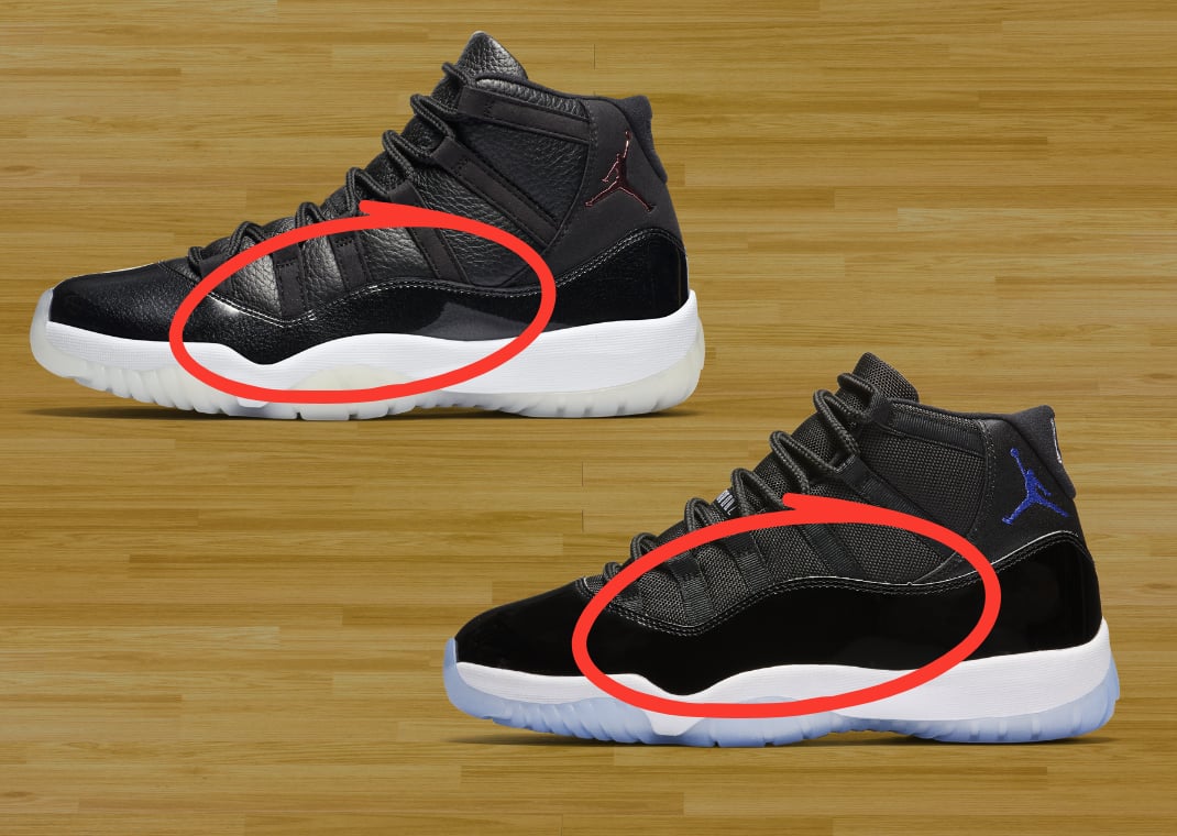 Air Jordan 11 Retro 72-10 (top) with the lower cut patent leather vs. Air Jordan 11 Retro Space Jam from 2016 (bottom) which started the higher cut