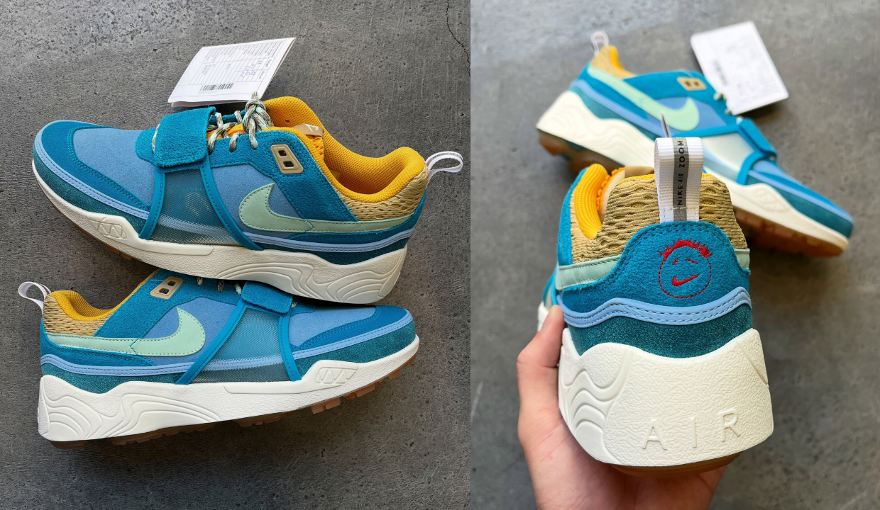 This Travis Scott x Nike Zoom Field Jaxx Sample is Ocean Blue with Yellow Accents