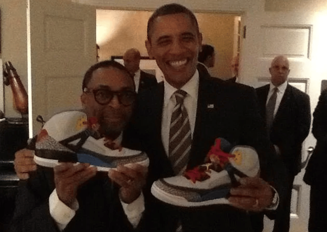 Spike Lee gifting President Obama the Jordan Spizike Bordeaux in 2012