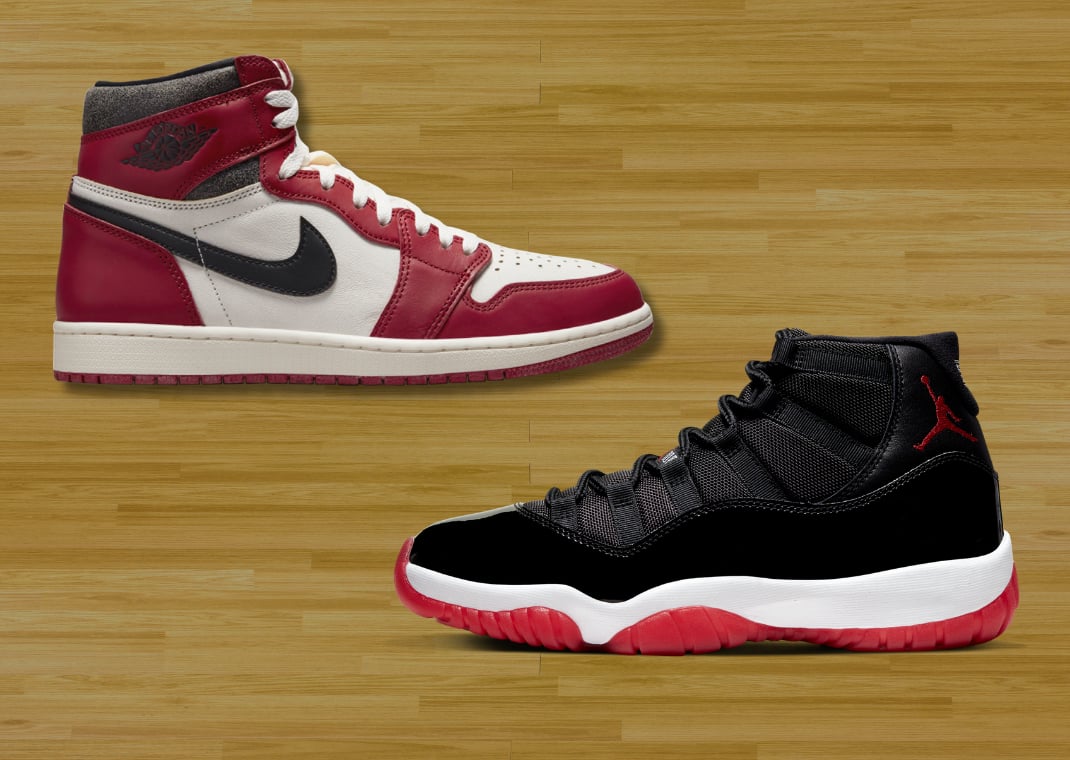 Air Jordan 1 Retro High OG Lost & Found (top) vs. Air Jordan 11 Retro Bred (bottom)