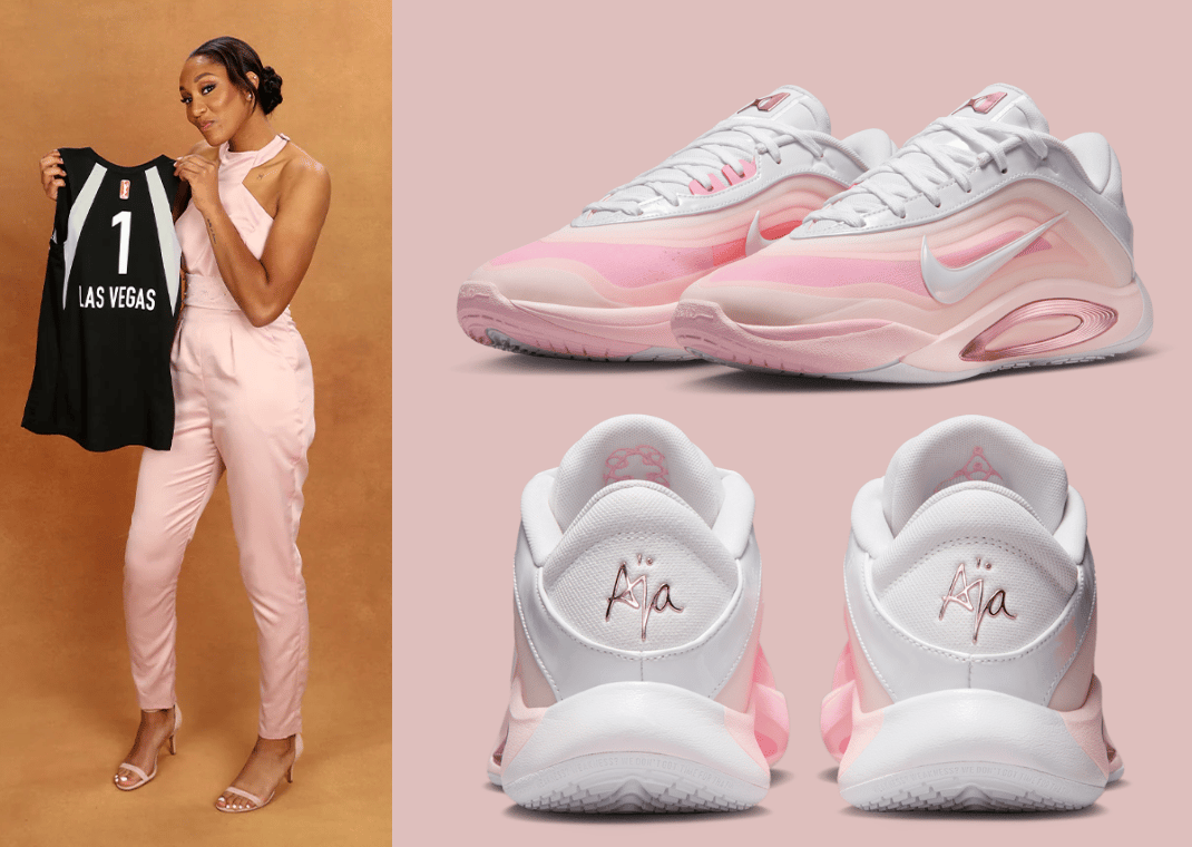 A'ja Wilson wearing her pink outfit in 2018 (left) and the Nike A'One #1 Draft Pick inspired by her outfit (right)