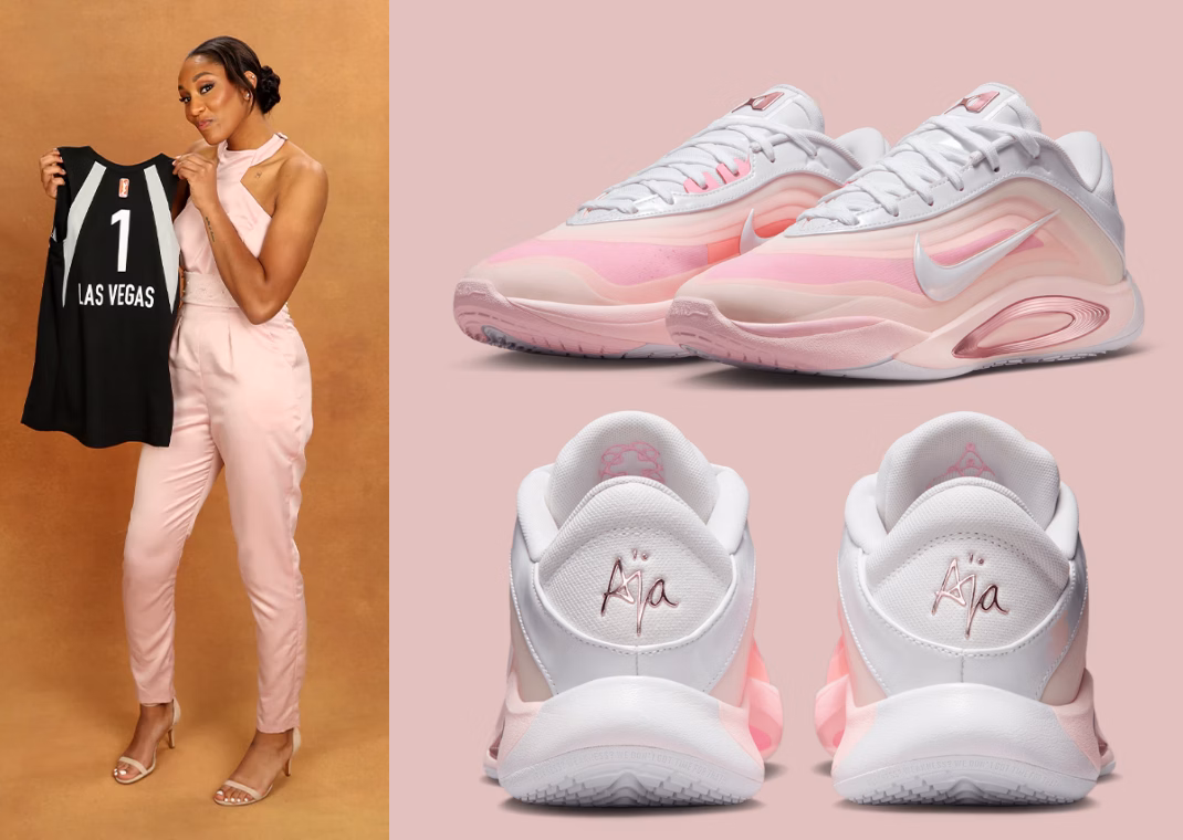 A'ja Wilson wearing her pink outfit in 2018 (left) and the Nike A'One #1 Draft Pick inspired by her outfit (right)