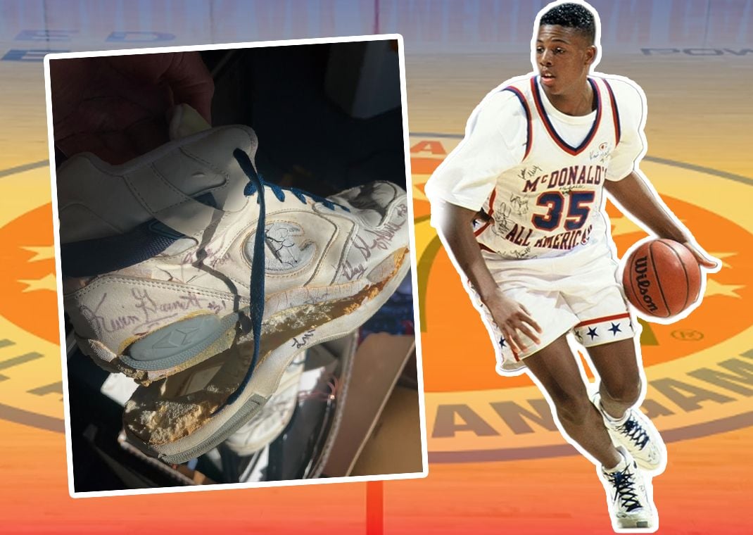 Paul Pierce showing off his crumbled Champion sneakers