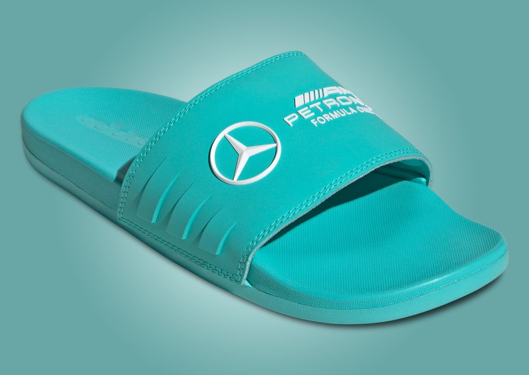 Mercedes AMG Petronas Formula One Team x adidas Adilette Comfort Semi Mint Rush Angle