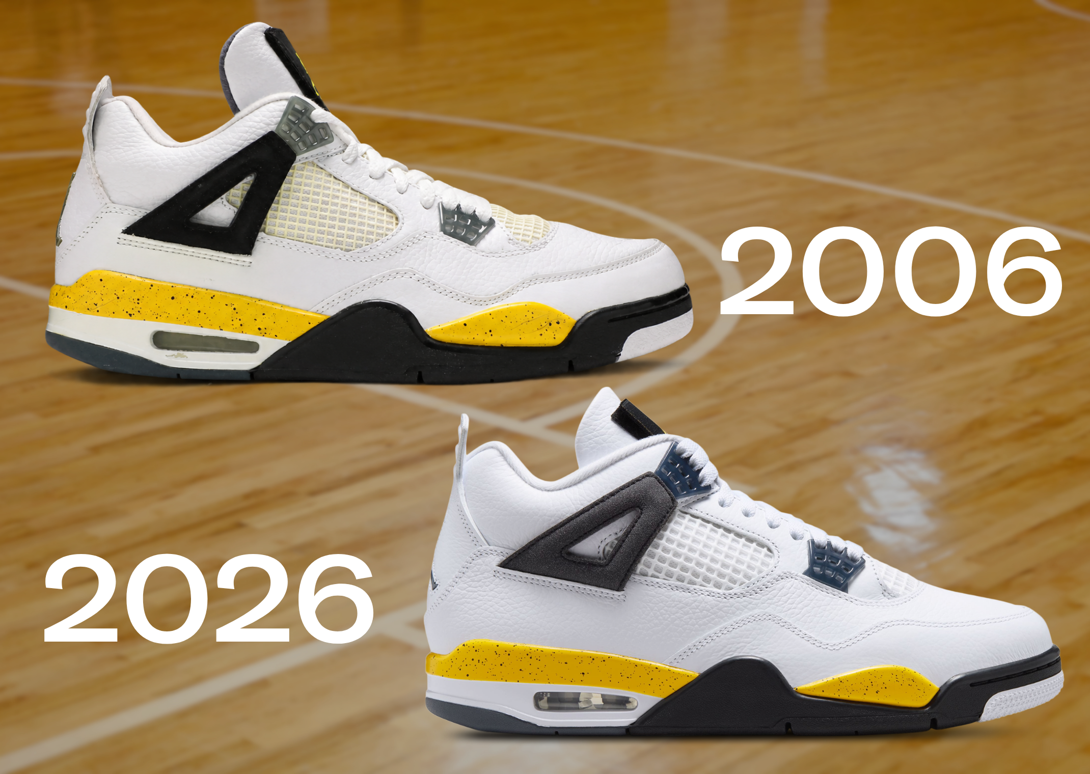 2006 Air Jordan 4 Retro Tour Yellow (top) vs 2026 Air Jordan 4 Retro Tour Yellow (bottom)