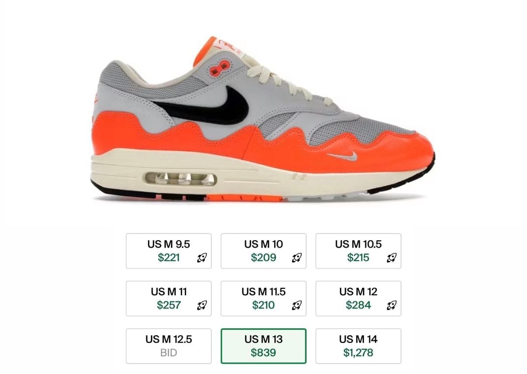 Patta x Nike AIr Max 1 Waves Hyper Crimson size comparison