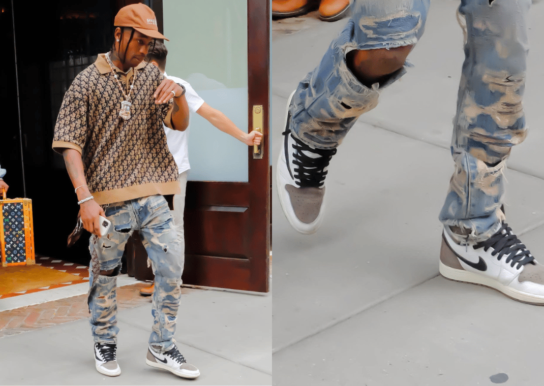 Travis Wearing The Travis Scott x Air Jordan 1 Retro High OG "Reverse Mocha" Sample (Image via