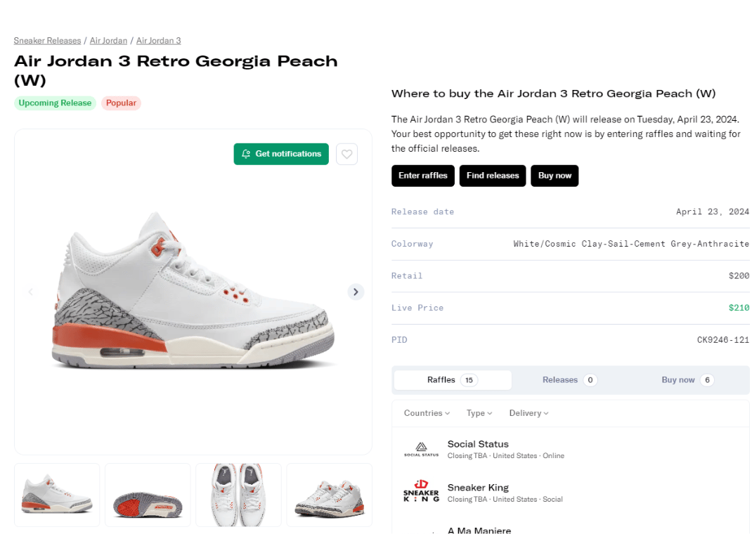 Jordan 3 Georgia Peach Raffle Page
