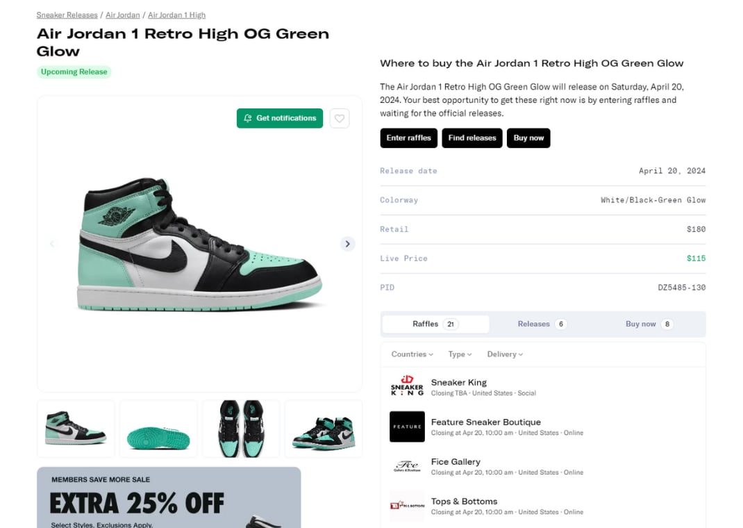 Jordan 1 High Green Glow Raffle Page