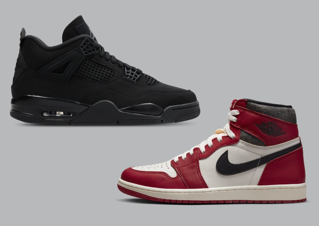 Air Jordan 4 Retro Black Cat (top) vs. Air Jordan 1 Retro High OG Lost & Found (bottom)