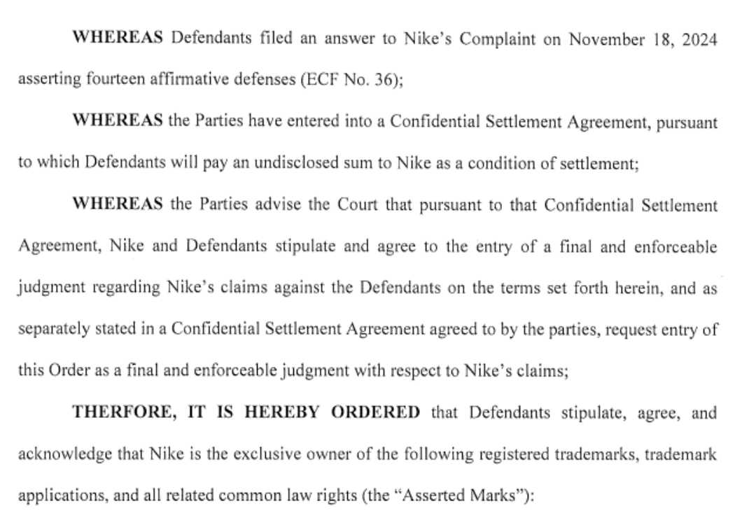 Portion of the settlement document between The Shoe Surgeon and Nike